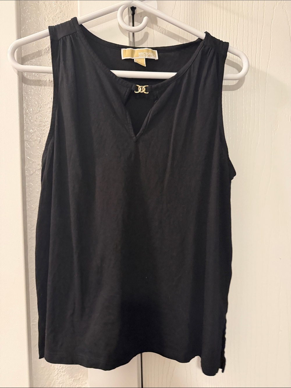 Michael Kors Black V-Notch Sleeveless Tank with Gold Accent